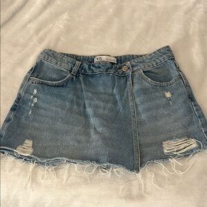 Zara Denim Mini Skort with Distressed Details